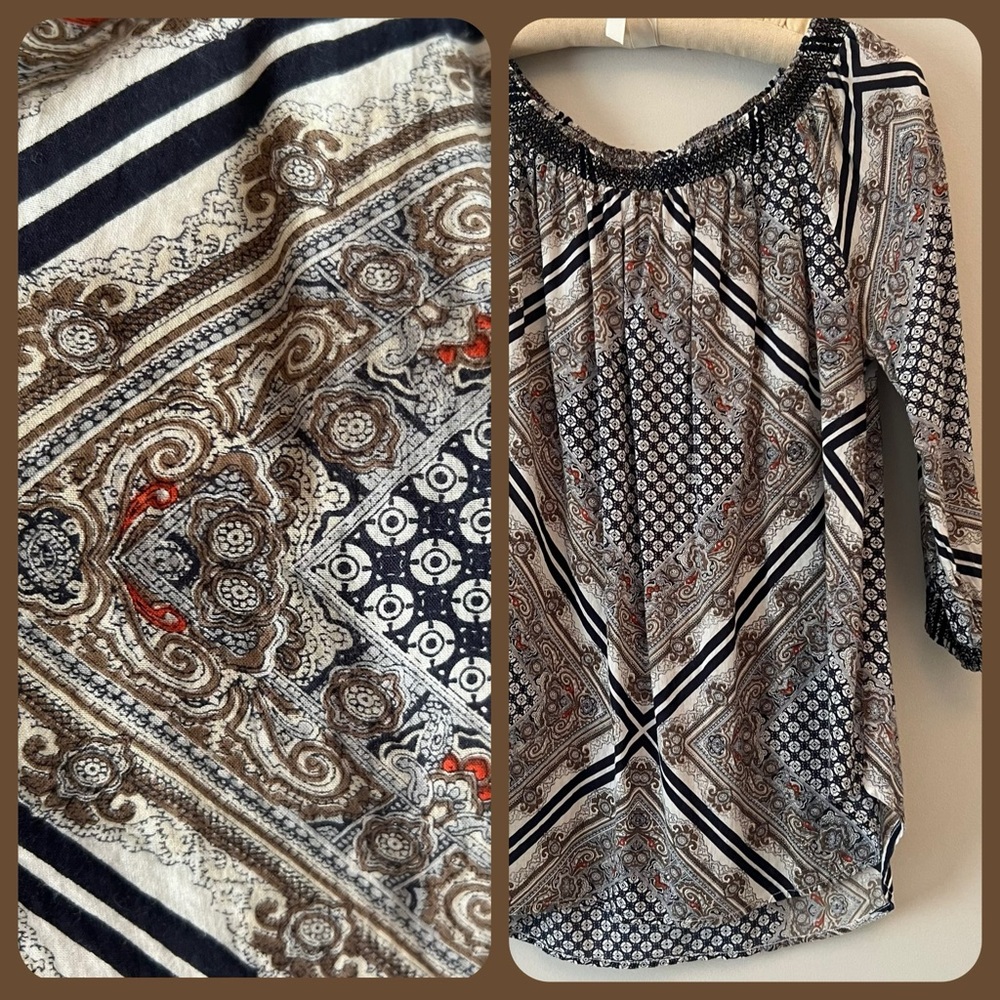 Smocked 3/4 Sleeve Top in Navy Blue Mixed Pattern
